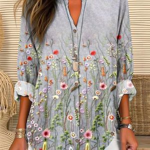 V Neck Long Sleeve Floral Buckle Regular Loose TUNIC Shirt For Women, Shirts, color:Gray|size:3XL, catalog Noracora shop