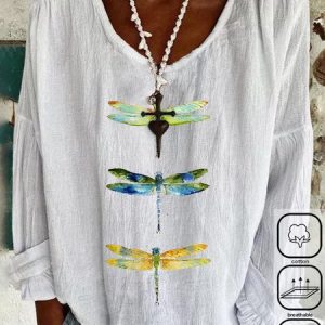 Crew Neck Long Sleeve Dragonfly Regular Loose Blouse For Women, Blouses, color:White|size:XXL, catalog Noracora shop