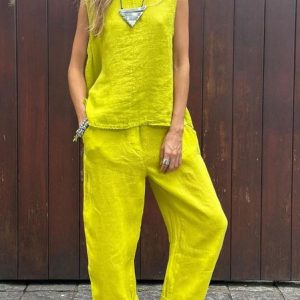 Women Plain Crew Neck Sleeveless Comfy Casual Top With Pants Two-Piece Set, Sets, color:Yellow|size:5XL, catalog Noracora shop