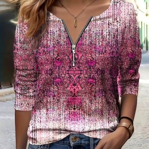 Casual Ethnic Crew Neck Long Sleeve T-shirt, T-shirts, color:Watermelon|size:XXL, catalog Noracora shop