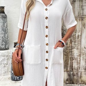 Women Plain Shirt Collar Short Sleeve Comfy Casual Mini Dress, Dresses, color:Black|size:XXL, catalog Noracora shop