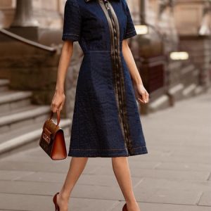 Plain Urban Regular Fit Short Sleeve Denim Midi Dress, Midi Dresses, color:Denim Blue|size:XXL, Stylewe