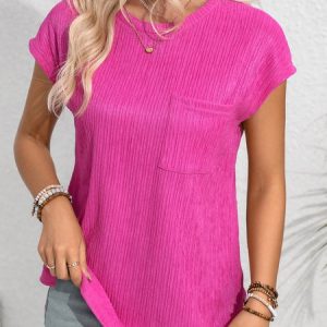 Crew Neck Short Sleeve Plain Regular Loose Shirt For Women, Blouses, color:Rose Red|size:XXL, catalog Noracora shop