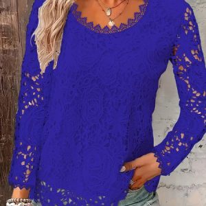 Women's Long Sleeve Blouse Spring/Fall Plain Lace Daily Going Out Casual Top, JustFashionNow Blouses, color:Blue|size:5XL,