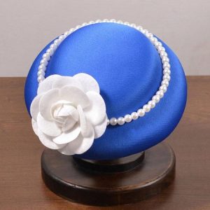 Elegant Camellia Imitation Pearl Satin Party Hat, Hats, color:Blue|size:One-size, Stylewe