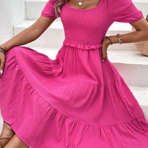 Women Plain Square Neck Short Sleeve Comfy Casual Midi Dress, Dresses, color:Rose Red|size:XL, catalog Noracora shop