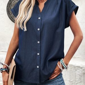 V Neck Short Sleeve Plain Regular Regular Fit Blouse For Women, Blouses, color:Purplish Blue|size:XXL, catalog Noracora shop