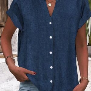 Women Shirt V Neck Short Sleeve Plain Regular Regular Fit Blouse, Shirts, color:Purplish Blue|size:XXL, catalog Noracora shop