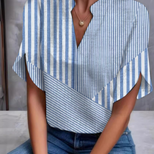 V Neck Half Sleeve Striped Split Joint Regular Loose Shirt For Women, Blouses, color:Blue|size:XXL, catalog Noracora shop