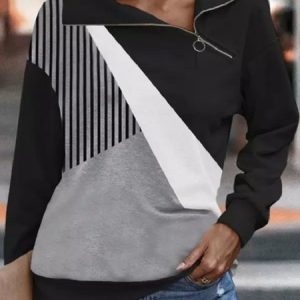 Casual Asymmetrical Collar Abstract Sweatshirt Zipper, Hoodies & Sweatshirts, color:Black|size:3XL, catalog Noracora shop