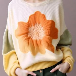 Floral Crew Neck Loosen Long Sleeves Casual Sweater, Pullovers, color:Orange|size:XXL, Stylewe