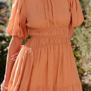 Women Plain Crew Neck Short Sleeve Comfy Casual Maxi Dress, Midi, color:Orange|size:XL, catalog Noracora shop