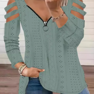 V Neck Long Sleeve Floral Zipper Regular Loose Blouse For Women, Blouses, color:Green|size:XXL, catalog Noracora shop
