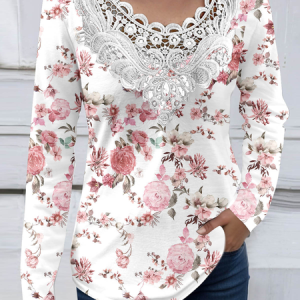 V Neck Long Sleeve Floral Lace Regular Loose Blouse For Women, Blouses, color:Light Pink|size:XXL, catalog Noracora shop