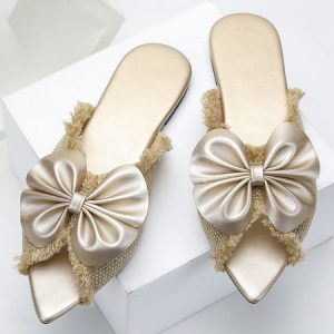 Bowknot Linen Fringed Peep Toe Slide Sandals, Slippers, color:Apricot|size:43, Stylewe