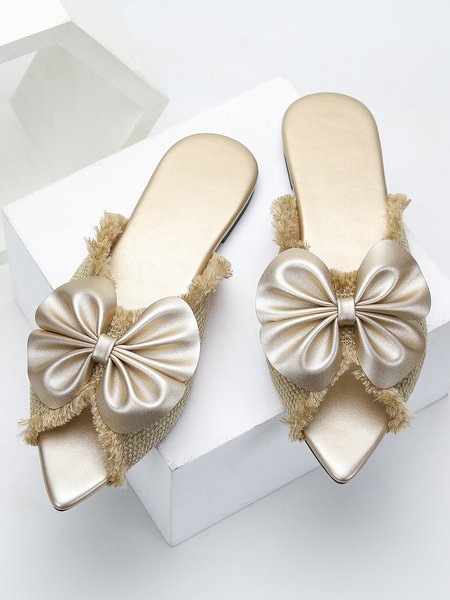 Bowknot Linen Fringed Peep Toe Slide Sandals, Slippers, color:Apricot|size:43, Stylewe