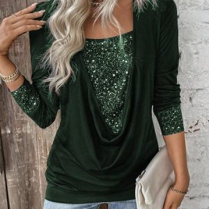 Crew Neck Long Sleeve Polka Dots Lace Regular Micro-Elasticity Loose Mock Two-Piece Blouse For Women, Blouses, color:Green|size:3XL, catalog Noracora shop