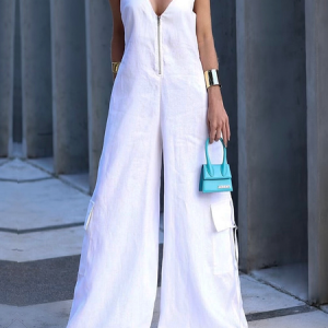 Loose Urban Sleeveless Spaghetti Jumpsuit with Pocket, Jumpsuits, color:White|size:XXL, Stylewe