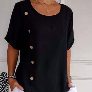 Women's Short Sleeve Blouse Summer Plain Buckle Cotton And Linen Crew Neck Daily Going Out Casual Top, JustFashionNow Tops, color:Black|size:5XL,