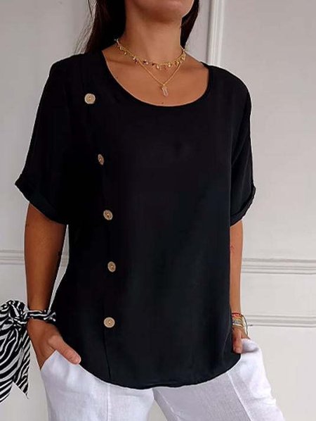 Women's Short Sleeve Blouse Summer Plain Buckle Cotton And Linen Crew Neck Daily Going Out Casual Top, JustFashionNow Tops, color:Black|size:5XL,