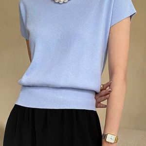 Plain Crew Neck Loose Casual Blouse, Tees, color:Blue|size:XXL, Stylewe