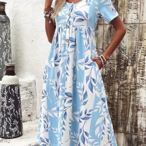 Women Floral Crew Neck Short Sleeve Comfy Vacation Maxi Dress, Dresses, color:Khaki|size:XXL, catalog Noracora shop