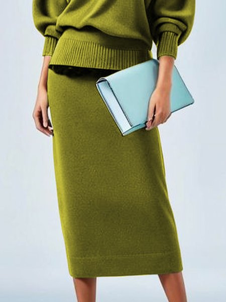 Elegant Plain Regular Fit Midi Skirt, Skirts, color:Green|size:XXL, Stylewe