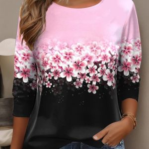 Casual Floral Crew Neck Long Sleeve T-shirt, Blouses, color:Black|size:XXL, catalog Noracora shop