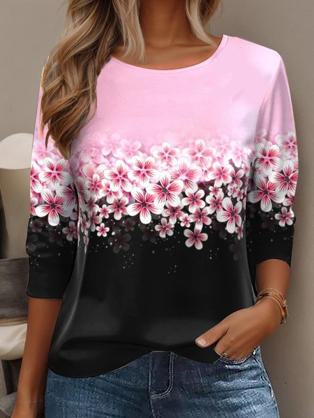 Women's Long Sleeve Tee T-shirt Spring/Fall Floral Cotton Crew Neck Daily Going Out Casual Top Black, JustFashionNow T-Shirts, color:Black|size:XXL,
