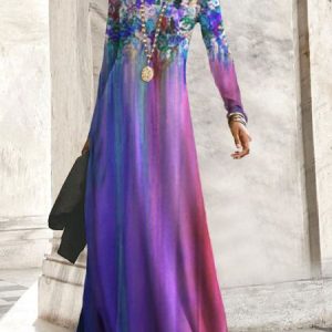 Women Floral Crew Neck Long Sleeve Comfy Casual Lace Maxi Dress, Dresses, color:Purple|size:3XL, catalog Noracora shop