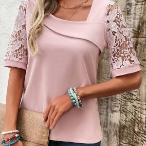 Short Sleeve Plain Lace Regular Micro-Elasticity Loose Shirt For Women, Blouses, color:Pink|size:XXL, catalog Noracora shop