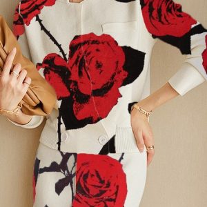 Floral Regular Fit Elegant Regular Sleeve Stand Collar Cardigan, Pullovers, color:Red|size:XXL, Stylewe