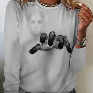 Casual Halloween Crew Neck Long Sleeve T-shirt, T-shirts, color:Gray|size:XXL, catalog Noracora shop