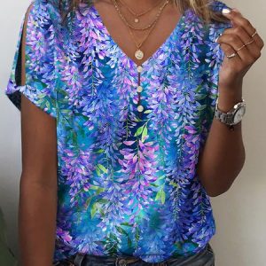 Casual Floral V Neck Loose T-Shirt, T-shirts, Lilicloth.com