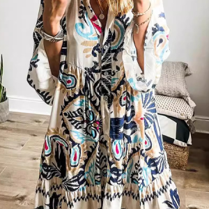Women Ethnic V Neck Three Quarter Sleeve Comfy Casual Mini Dress, Dresses, color:flower|size:XXL, catalog Noracora shop
