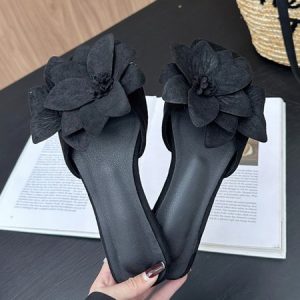 Elegant Floral  Square Toe Flat Slide Sandals, Slippers, color:Black|size:43, Stylewe