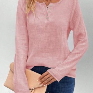 Crew Neck Long Sleeve Plain Regular Loose Mock Two-Piece Blouse For Women, Blouses, color:Pink|size:XXL, catalog Noracora shop