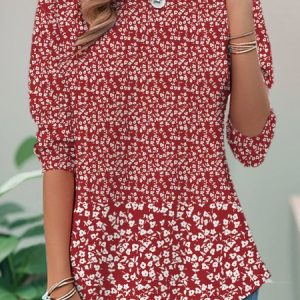 Casual Floral Crew Neck Long Sleeve T-shirt, Blouses, color:Red|size:XXL, catalog Noracora shop