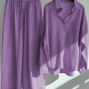 Women Plain Shawl Collar Half Sleeve Comfy Casual Top With Pants Two-Piece Set, Sets, color:Purple|size:5XL, catalog Noracora shop
