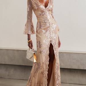 Women Floral V Neck Sleeveless Comfy Vacation Glitter Maxi Dress, Dresses, color:Apricot|size:XL, catalog Noracora shop