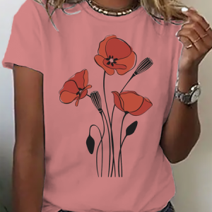 Casual Floral Crew Neck Short Sleeve T-shirt, T-shirts, color:Orange Pink|size:XXL, catalog Noracora shop