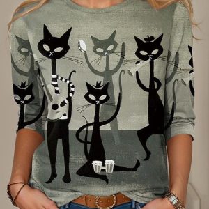 Women's Long Sleeve Tee T-shirt Spring/Fall Cat Printing Jersey Crew Neck Daily Going Out Casual Top Green, JustFashionNow T-Shirts, color:Green|size:XXL,