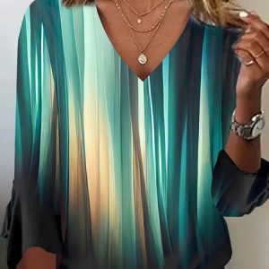 Casual Abstract V Neck Three Quarter Sleeve T-shirt, T-shirts, color:Black|size:XXL, catalog Noracora shop