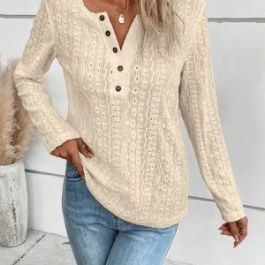 Crew Neck Long Sleeve Plain Zipper Regular Loose Blouse For Women, Blouses, color:Apricot|size:XXL, catalog Noracora shop