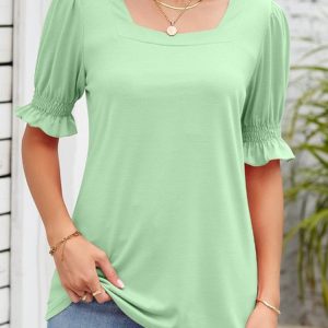 Square Neck Short Sleeve Plain Regular Micro-Elasticity Loose Shirt For Women, Blouses, color:Aqua|size:XXL, catalog Noracora shop