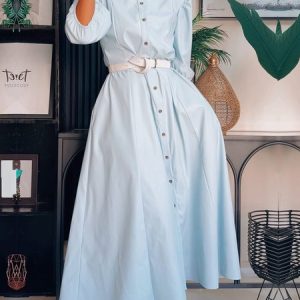 Elegant Pu Shirt Collar Pockets Faux Leather Dress With No Belt, Maxi Dresses, color:Light Blue|size:XXL, Stylewe