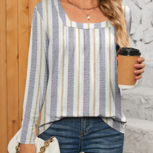Square Neck Long Sleeve Striped Regular Loose Blouse For Women, Blouses, color:Multicolor|size:XXL, catalog Noracora shop