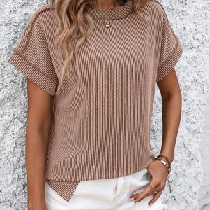 Crew Neck Short Sleeve Striped Regular Loose Shirt For Women, Blouses, color:Khaki|size:XXL, catalog Noracora shop