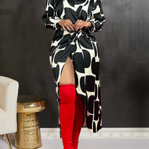 Elegant Polka Dots Shirt Collar Long Sleeve Regular Sleeve Midi Dress, Midi Dresses, color:Black|size:XXL, Stylewe