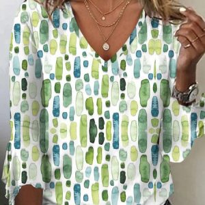 Casual Abstract Geometry V Neck Three Quarter Sleeve T-shirt, T-shirts, color:Green|size:XXL, catalog Noracora shop